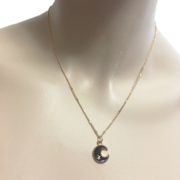 HAND Crafted Necklace Gold Plated Chain Black Quarter Moon - Picture 2 of 9